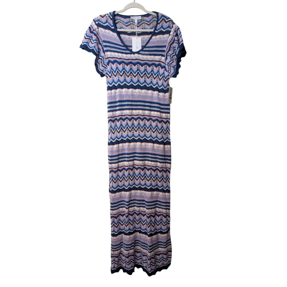 Jessica Simpson Trinity Crochet Maxi Dress Navy Peony Zig Zag Boho NWT size XL